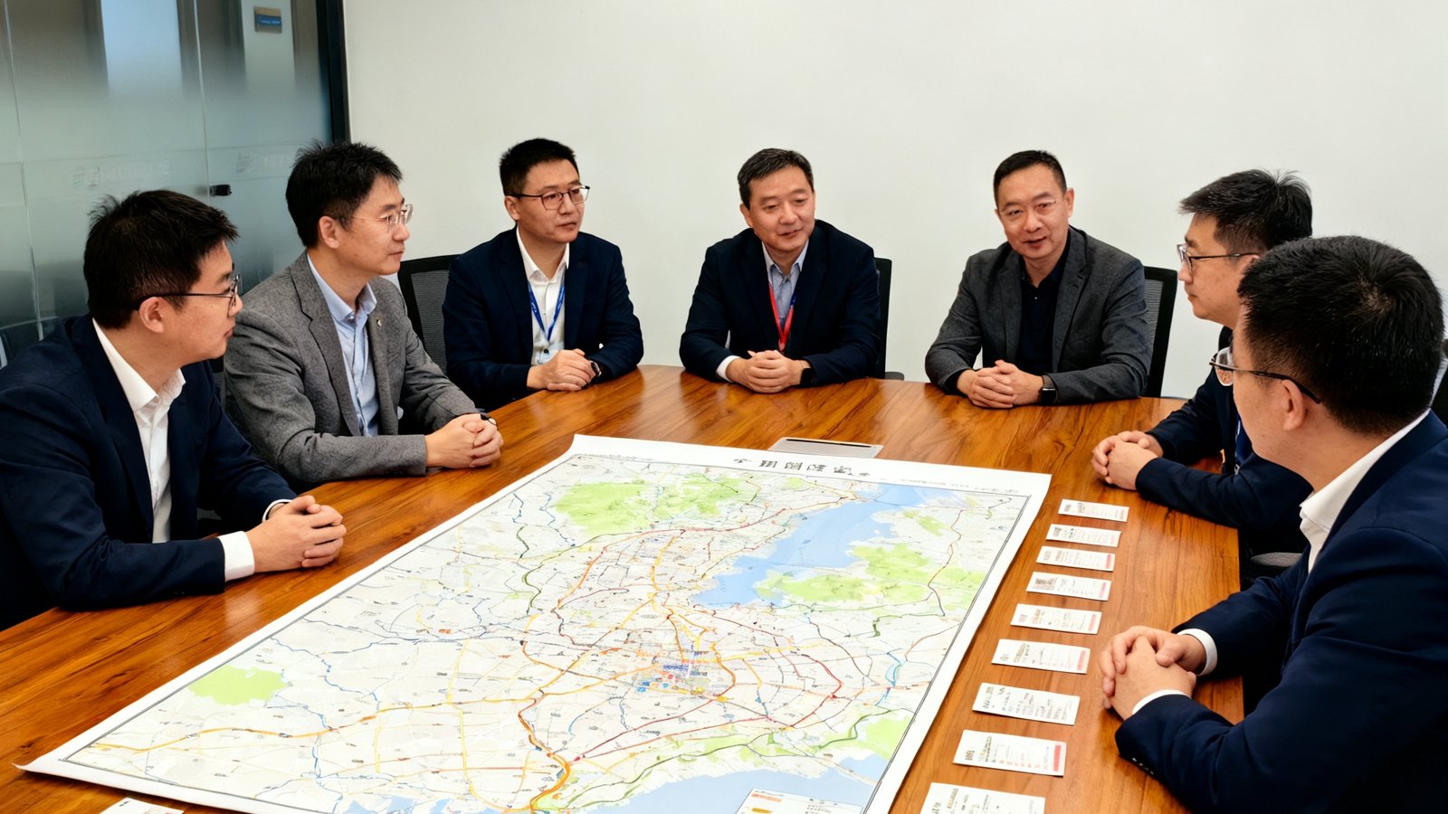 2025年上海国际马拉松赛事筹备启动会，EMC易倍团队在会议室研讨新赛道方案，桌上铺着大型地图和标注卡片