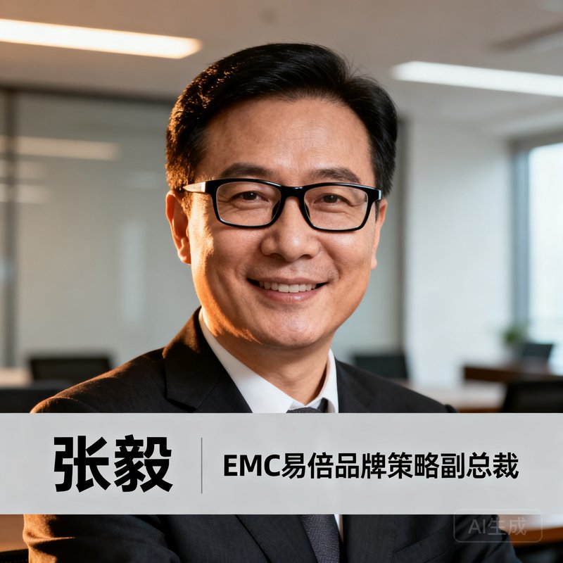 张毅，EMC易倍品牌策略副总裁，42岁男性，戴黑框眼镜，儒雅微笑，负责品牌策略与赞助商关系维护